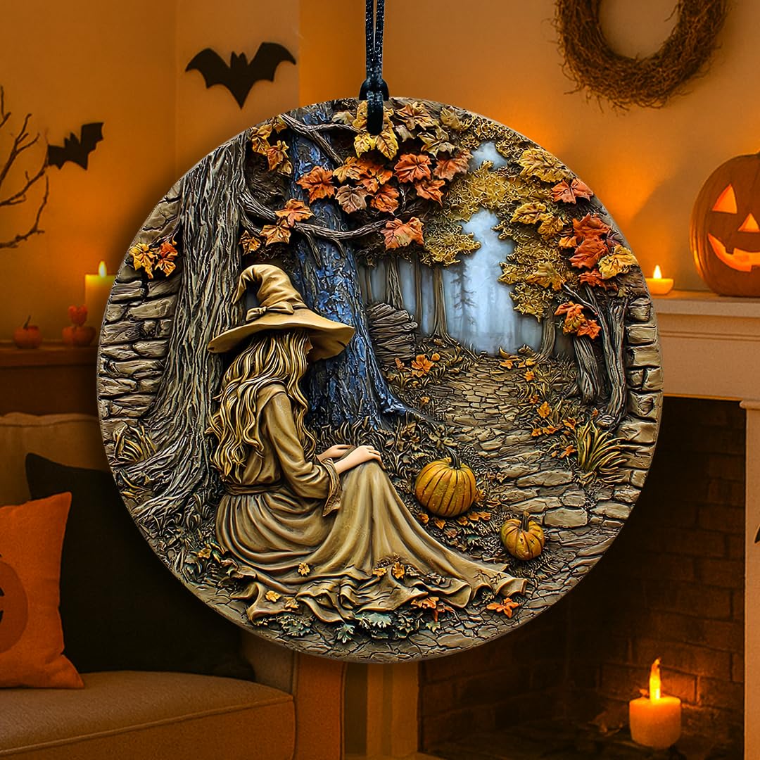 Halloween Stained Glass Window Ornament, Witch Scene with Pumpkins, Acrylic Hanging Suncatcher, Round Wall Art Decor, Witchy Ornament for Home Friends and Family (Two Girls)